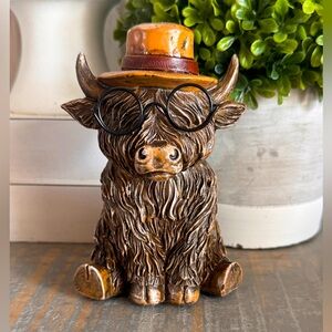 Charming Highland Cow Figurine with Hat and Glasses